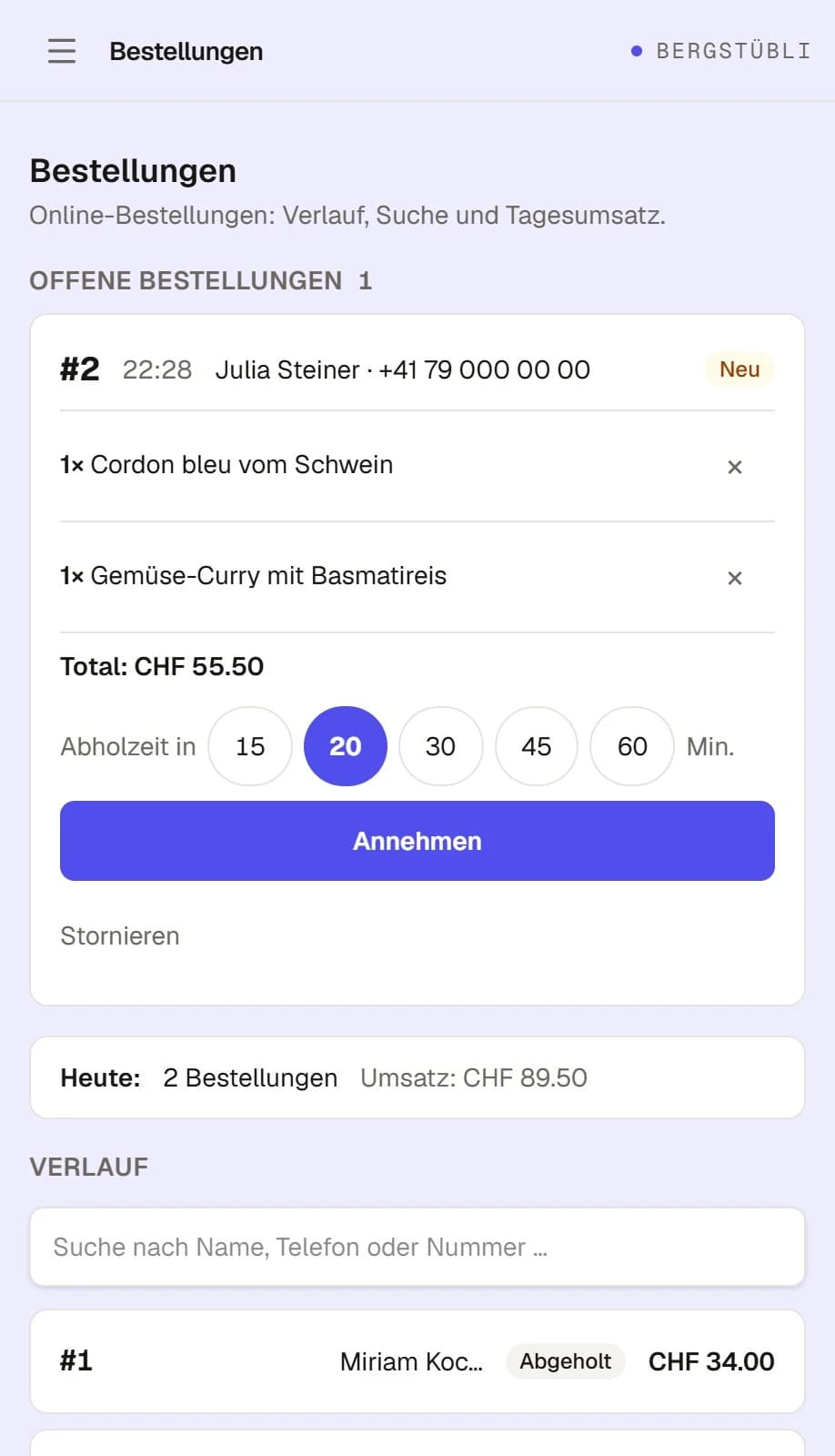 Bestellübersicht in Gastrobrand